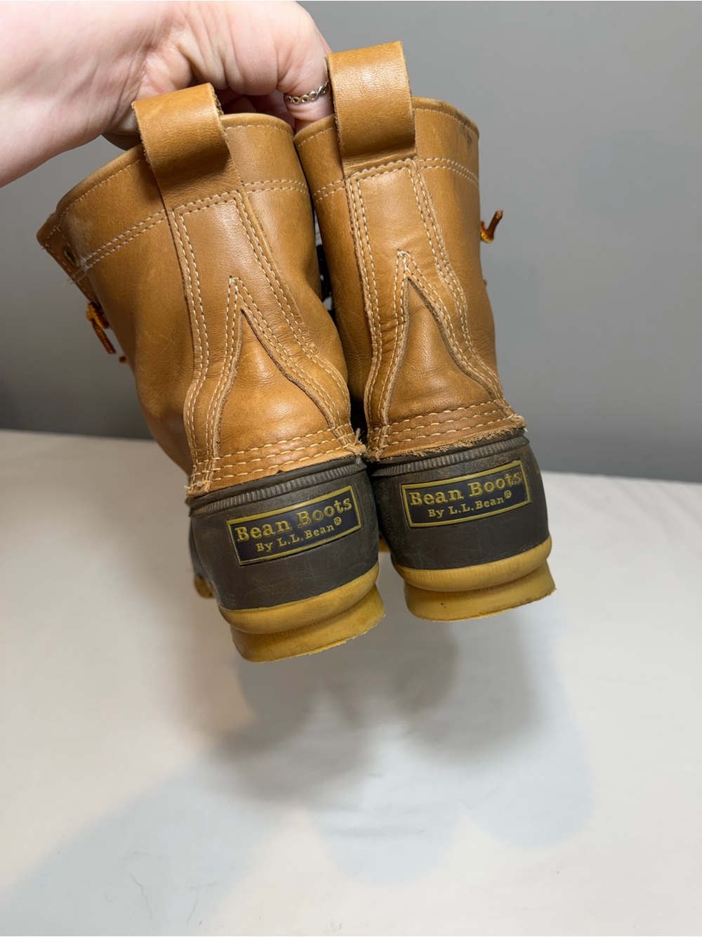 L.L. Bean duck boots brown leather with blue rubber foot lace up ladies 9 mens 7 - Picture 5 of 8